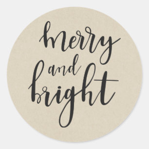 Rustic Brown Kraft Holiday MERRY & BRIGHT Bevorzug Runder Aufkleber