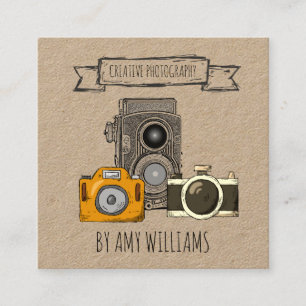 Rustic Brown Kraft Vintage Cameras Quadratische Visitenkarte
