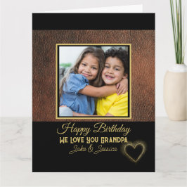 Rustic Brown Leather Happy Birthday Grandpa Photo Karte
