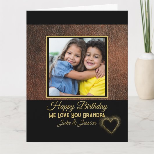 Rustic Brown Leather Happy Birthday Grandpa Photo Karte (Vorderseite)
