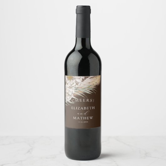 Rustic Brown Pampas & Floral Wedding Weinetikett (Vorderseite)