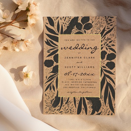 Rustic brown paper black gold floral wedding einladung