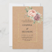 Rustic brown paper coral pink mint floral wedding einladung (Vorderseite)