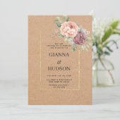 Rustic brown paper coral pink mint floral wedding einladung (Stehend Vorderseite)