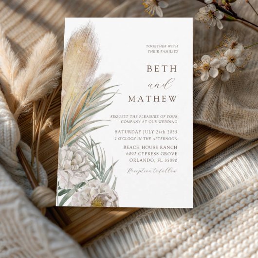 Rustic Brown Typography Pampas Wedding Einladung