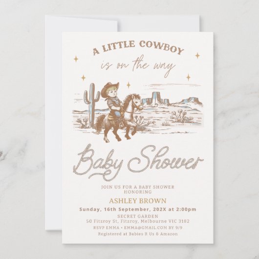 Rustic Brown Western Little Cowboy Baby Shower Einladung (Vorderseite)
