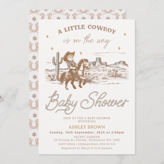 Rustic Brown Western Little Cowboy Baby Shower Einladung (Vorne/Hinten)