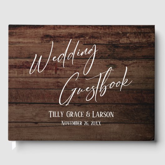 Rustic Brown Wood and Handwriting Guestbook Gästebuch (Vorderseite)