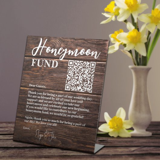 Rustic Brown Wood Elegant QR Code Honeymoon Fund Sockelschild