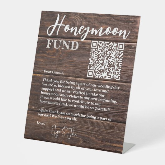 Rustic Brown Wood Elegant QR Code Honeymoon Fund Sockelschild (Vorderseite)