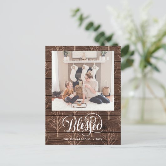 Rustic Brown Wood Elegant Script BLESSED Minimal Postkarte (Stehend Vorderseite)