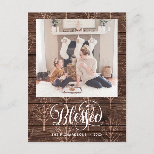 Rustic Brown Wood Elegant Script BLESSED Minimal Postkarte (Vorderseite)