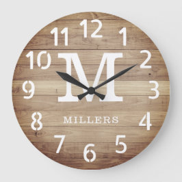 Rustic Brown Wood Family Name Monogram Farmhouse Große Wanduhr