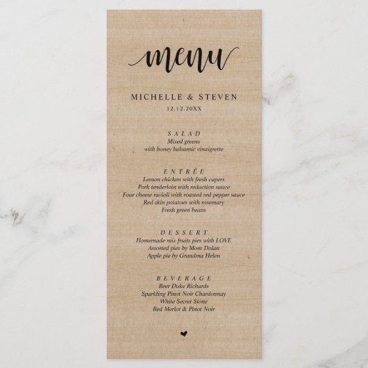 Rustic Brown Wood Wedding Elopement Dinner Menükarte (Vorderseite)