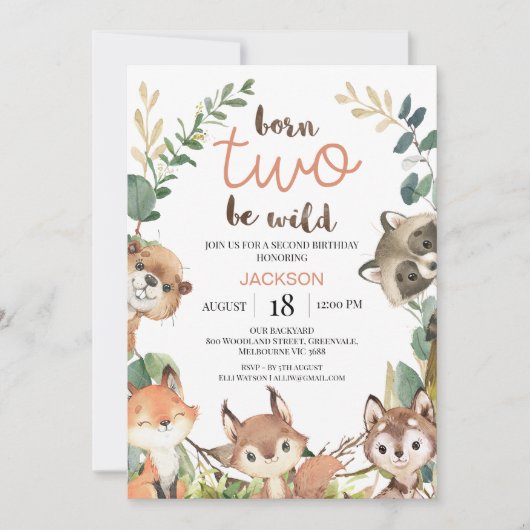Rustic Brown Woodland Born Two Be Wild Birthday Einladung (Vorderseite)