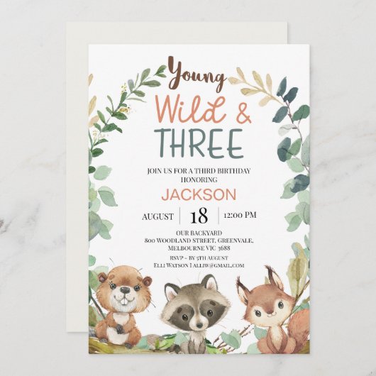 Rustic Brown Woodland Young Wild Three Birthday Einladung (Vorne/Hinten)