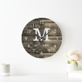 Rustic Brown Woods Family Name Mit Monogramm Große Wanduhr (Zuhause)