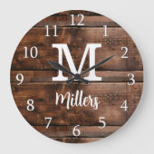 Rustic Brown Wown Script Family Name Mit Monogramm Große Wanduhr (Vorderseite)