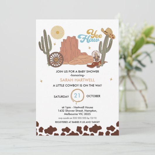 Rustic Brown Yea Haw Little Cowboy Baby Dusche Einladung (Stehend Vorderseite)