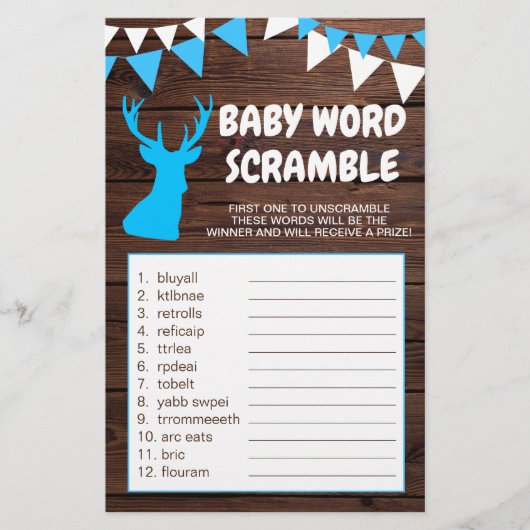 Rustic Buck Blue Boy Baby Dusche WORD SCRAMBLE Flyer (Vorne)
