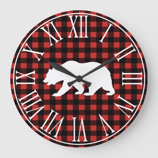 Rustic Buffalo Check Plaid & White Bear Silhouette Große Wanduhr (Vorderseite)
