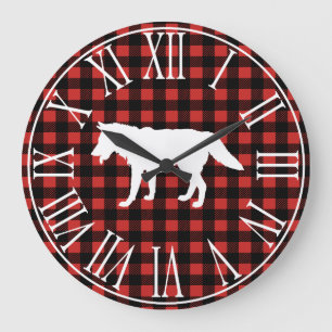 Rustic Buffalo Check Plaid & White Wolf Silhouette Große Wanduhr