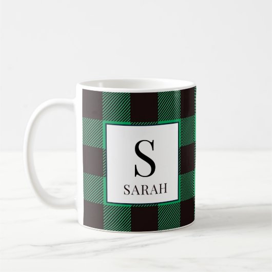 Rustic Buffalo Green & Black Plaid Monogram Name Kaffeetasse (Links)
