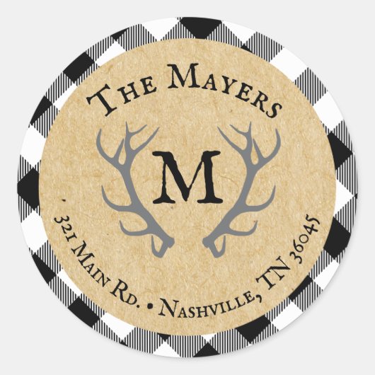 Rustic Buffalo Kariert Antler Monogram-Adresse Runder Aufkleber (Vorderseite)