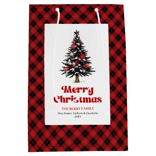 Rustic buffalo plaid Christmas bag personalized Mittlere Geschenktüte (Vorderseite)