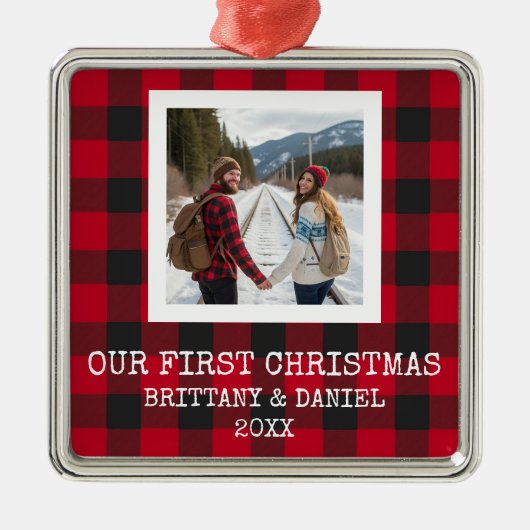 Rustic Buffalo Plaid First Christmas Ornament Aus Metall (Vorne)