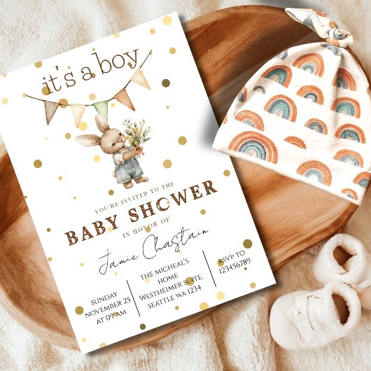 Rustic Bunny Baby Boy Invitation Einladung