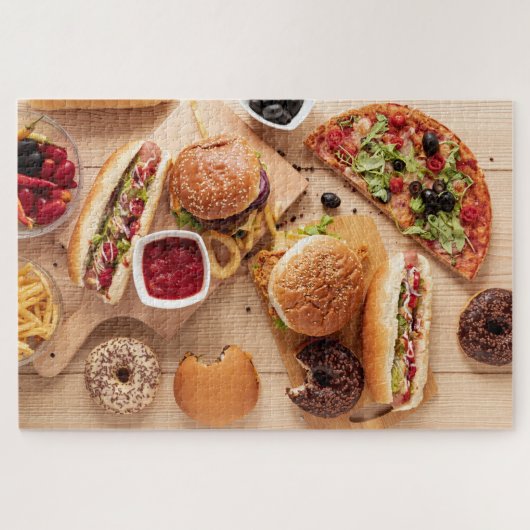 Rustic Burger Hot dog Pizza French Fries Donut Puzzle (Horizontal)