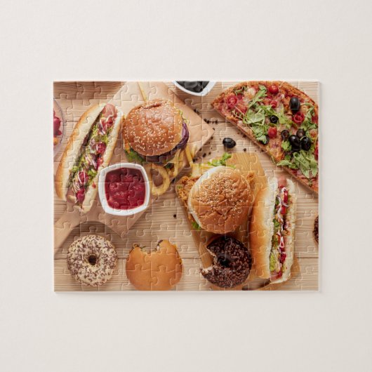 Rustic Burger Hot dog Pizza French Fries Donut Puzzle (Horizontal)