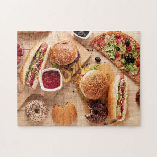 Rustic Burger Hot dog Pizza French Fries Donut Puzzle (Horizontal)