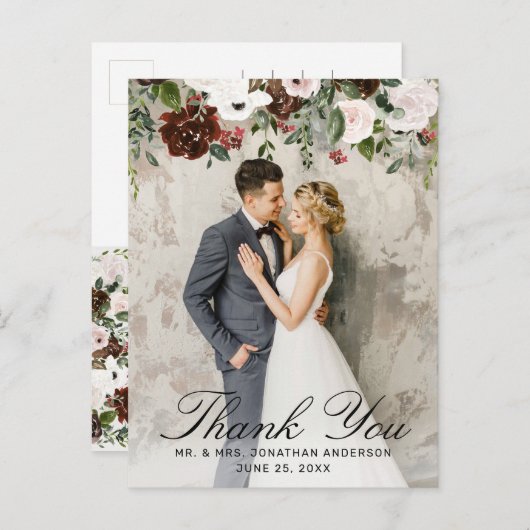 Rustic Burgund Floral Wedding Foto Vielen Dank Postkarte (Vorne/Hinten)
