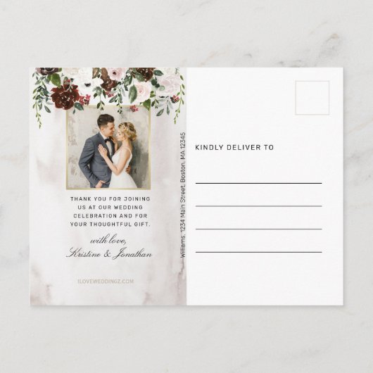 Rustic Burgund Floral Wedding Foto Vielen Dank Postkarte (Rückseite)