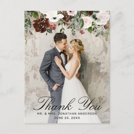 Rustic Burgund Floral Wedding Foto Vielen Dank Postkarte (Vorderseite)