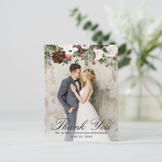 Rustic Burgund Floral Wedding Foto Vielen Dank Postkarte (Stehend Vorderseite)