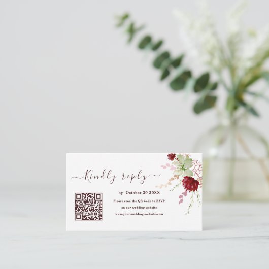 Rustic Burgund QR Code UAWG Wedding Website Begleitkarte (Stehend Vorderseite)
