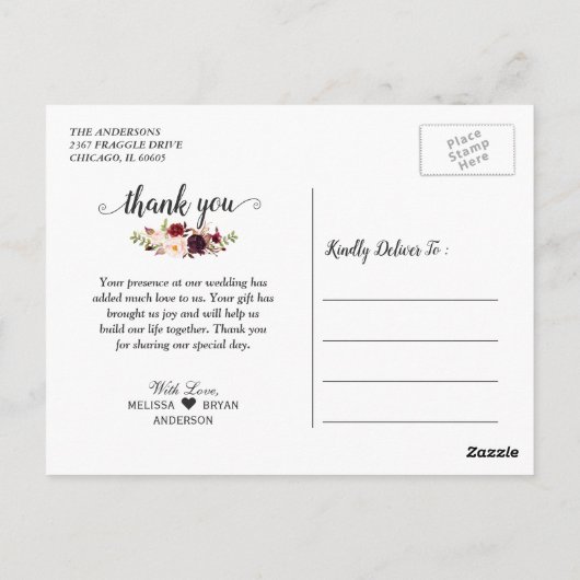 Rustic Burgund Red Floral Wedding Foto Vielen Dank Postkarte (Rückseite)