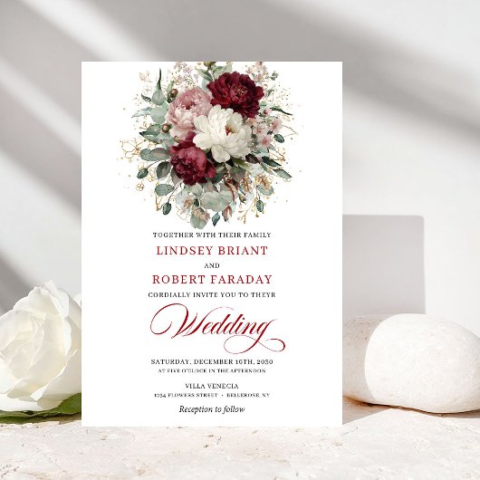 Rustic Burgundy and White Flowers Wedding Invite Einladung