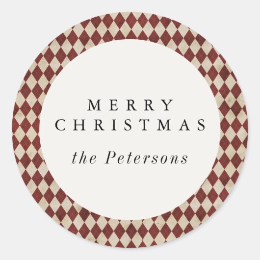 Rustic Burgundy Argyle Holiday Runder Aufkleber (Vorderseite)