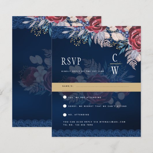Rustic Burgundy Blue Floral Lace Wedding RSVP (Vorne/Hinten)