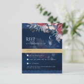 Rustic Burgundy Blue Floral Lace Wedding RSVP (Stehend Vorderseite)