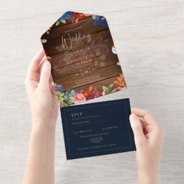 Rustic Burgundy Blue Floral Wedding All In One Einladung