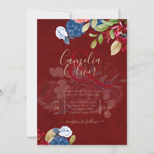 Rustic Burgundy Blue Floral Wedding Einladung (Vorderseite)