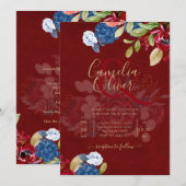 Rustic Burgundy Blue Floral Wedding Einladung (Vorne/Hinten)