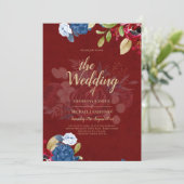 Rustic Burgundy Blue Floral Wedding Einladung (Stehend Vorderseite)
