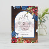 Rustic Burgundy Blue Floral Wedding Einladung (Stehend Vorderseite)
