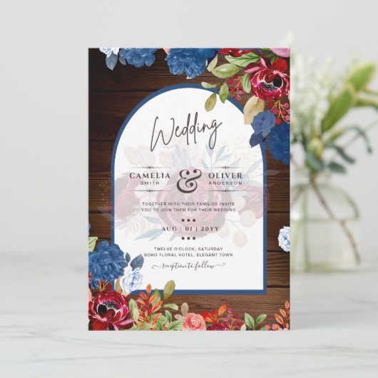 Rustic Burgundy Blue Floral Wedding Einladung (Stehend Vorderseite)